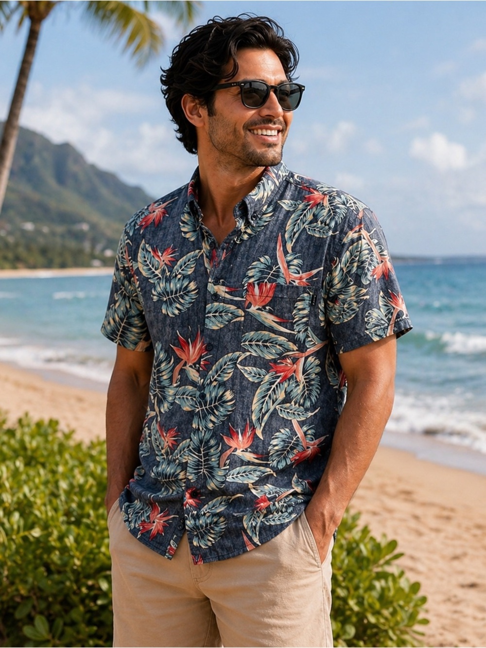 Molokai Surf Co Hawaiian Floral Buttonup Shirt XL Blue Aloha Short Sleeve Cotton